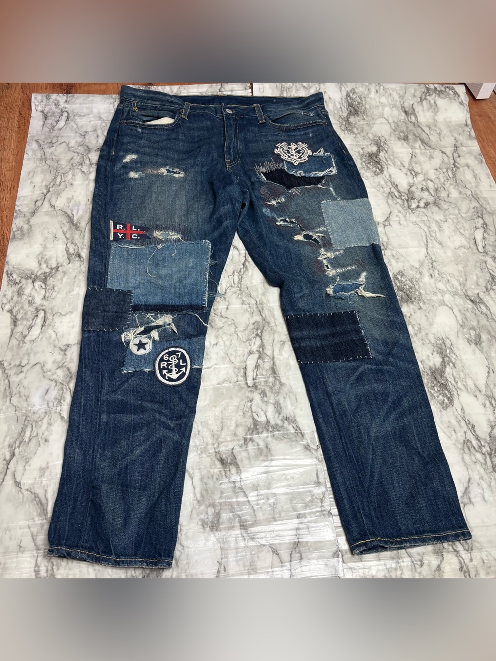 POLO RALPH LAUREN Astor Slim Boyfriend Patchwork Denim Jeans Size 31 blue cotton - Picture 1 of 9